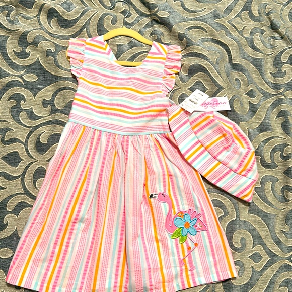 Rare Editions Seersucker Dress with Flamingo Appliqué and matching hat - Picture 1 of 5